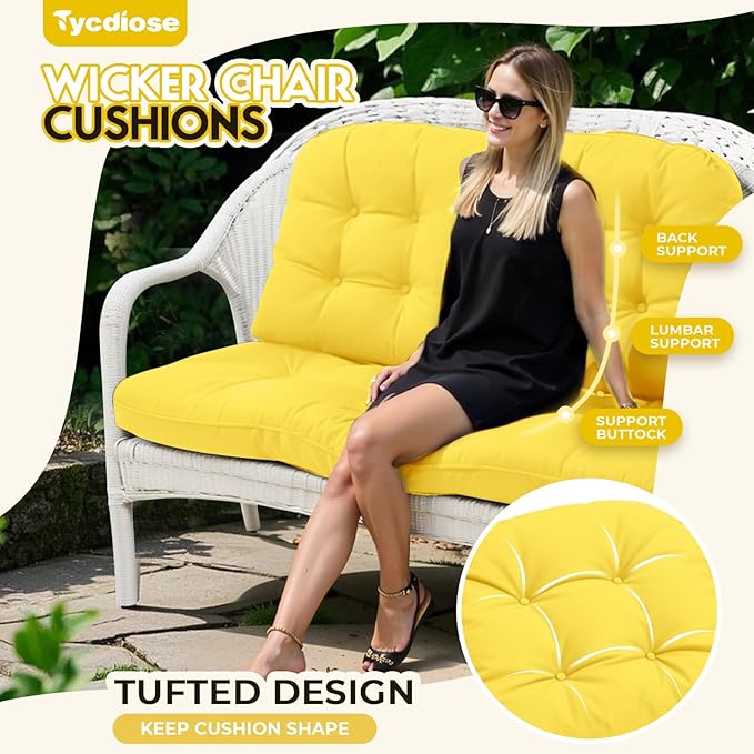 All Weather 3 Pieces Wicker Chair Cushions, Waterproof Outdoor Wicker Chair Cushion for Patio Furniture Loveseat Settee Bench, 1 Loveseat and 2 U-Shaped Thickened Cushions, Yellow