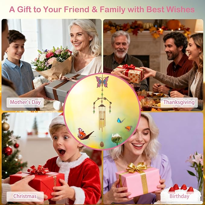 Pink Butterfly Wind Chimes - Wind Chimes for Outside Deep Tone 34 inches 5 Aluminum Tubes, Birthday, Memorial, Butterfly Gifts for Mom, Grandma, Daughter, Decor for Home, Garden, Patio, Backyard