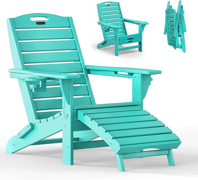 Folding Adirondack Chair with Retractable Ottoman Weather Resistant Fire Pit Chair Patio Chair with 2 Cup Holder Lawn Outdoor Lounge Chair (Lake Blue)