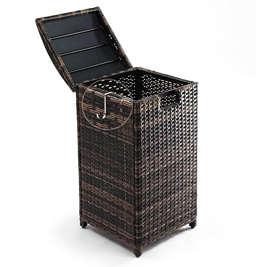 33 Gallon Outdoor Wicker Trash Bin,Wicker Patio Trash Bin, 33 Gallon Rattan Trash Can with Lid for Porch Backyard Deck Patio Poolside, Brown
