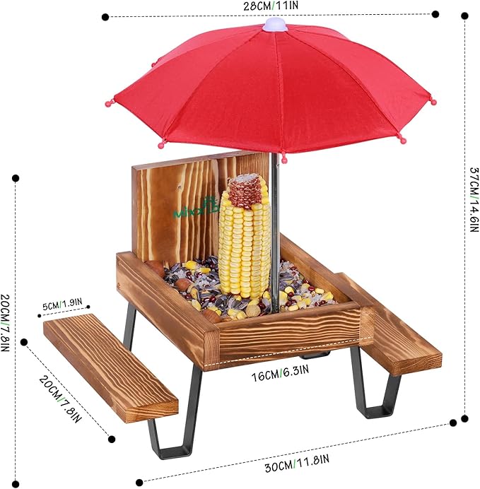 MIXXIDEA Squirrel Feeder Table, Wooden Squirrel Picnic tbale Feeder, Sturdy Squirrel Feeders for Outside with Solid Structure Chipmunk Feeder with Corn Cob Holder