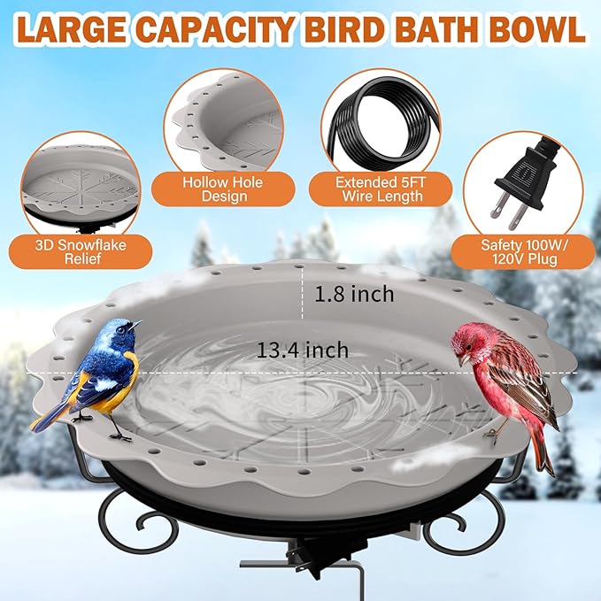Heated Bird Bath for Deck Railing, Powerful 100W Thermostatically Controlled Heated Bird Baths for Outdoors for Winter, Heated Birdbath Water Heater for Outside Garden Yard Patio Lawn (Grey)
