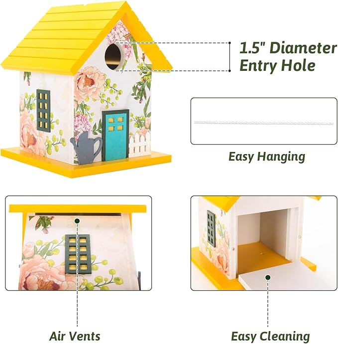 Spring Melody Bluebird House, Composite Material Nesting Box, Hanging Birdhouse for Blue Bird,Sparrow, Chickadee, Birdhouse for Outside, 5 Years Weatherable Bird Box on Post for Pole (Garden Cottage)
