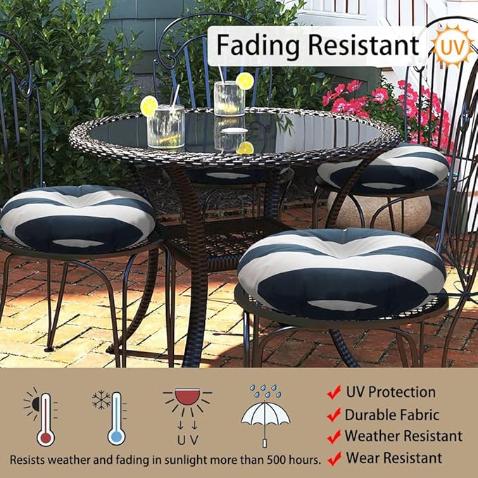 Magpie Fabrics Outdoor Round Bistro Seat Cushions with Ties, 15"x15"x4" Set of 2, Tufted Waterproof Barstool Chair Pads for Patio Home Garden Office, Navy White