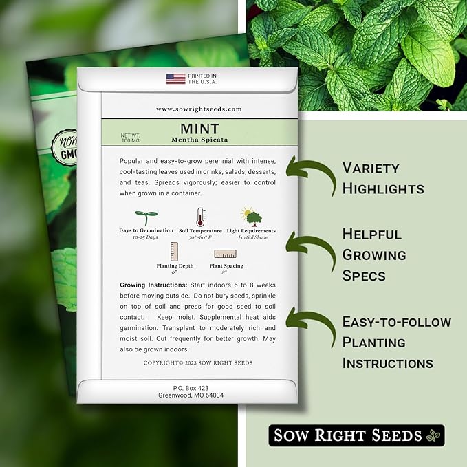 Sow Right Seeds - Mint Seed for Planting - Non-GMO Heirloom Packet with Instructions to Plant an Herbal Tea Garden - Indoors or Outdoor - Perennial and Fragrant - Hydroponics and Kitchen Gardening (3)