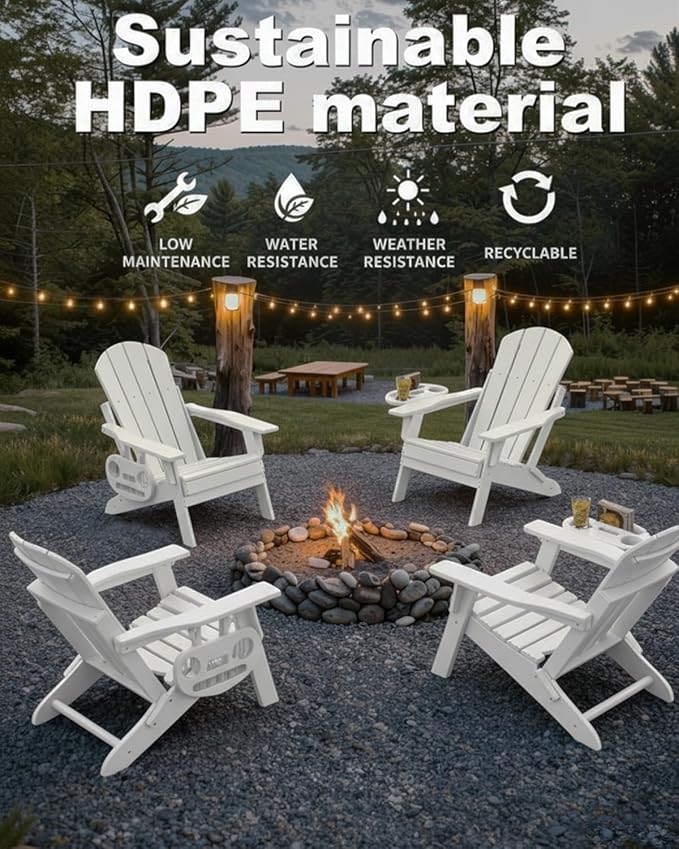 Adjustable Adirondack Chair Set of 8 with Cup Holder, All Weather HDPE Fire Pit Chairs for Deck, Backyard, Patio, White