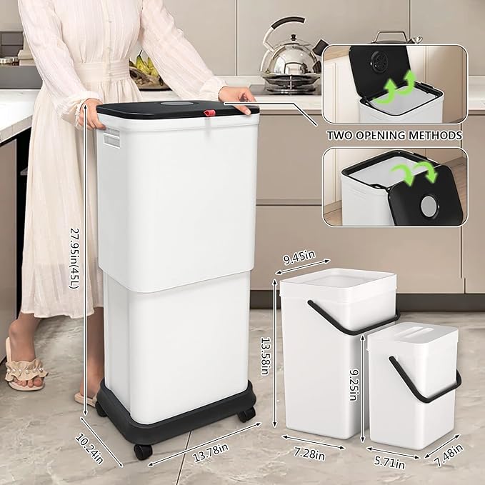 HI NINGER 3 Pack Kitchen Trash Can with Lid，20L to 45L Adjustable Capacity Garbage Can Comes with Two Hanging Kitchen Trash Can，13 Gallon Garbage Can with Wheels for Home Office/Bedroom/Living Room