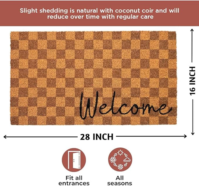 Folkulture Welcome Matt Outdoor | 16 x 28 Door Mats for Front Door Mat Outside Entrance | Eco Friendly | Welcome-Mats Cute | Checkered Coir Door Mats | Outdoor Decor for Home | Durable & Anti Slip