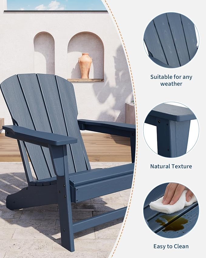 Modern HDPE Plastic Adirondack Chair - Oversize 380 LB Poly Lumber Weather Resistant Firepit Chair - Outdoor Patio Chairs with Wooden Textured for Garden, Backyard, Lawn, Deck, Pool, Porch - Navy Blue