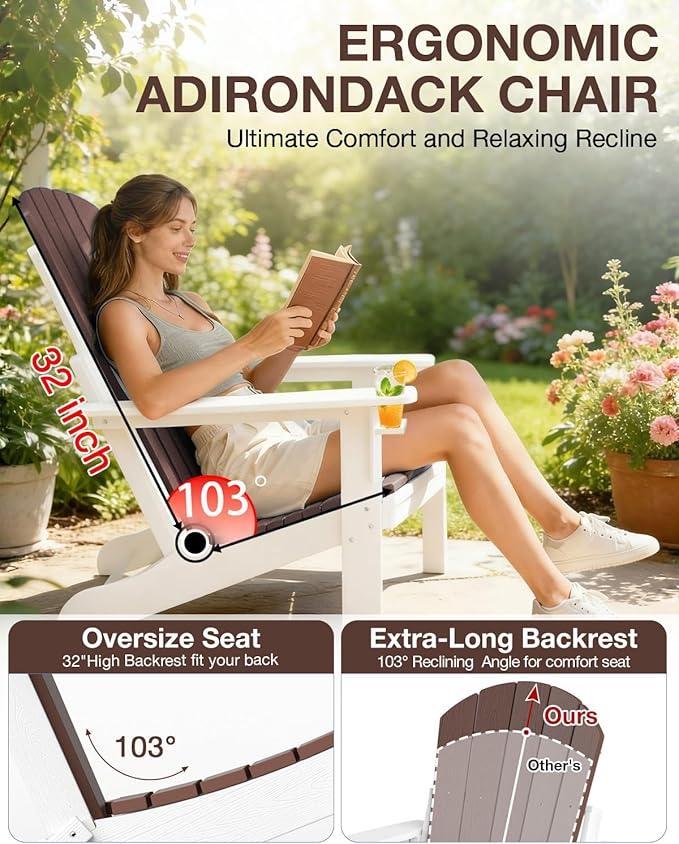 Folding Adirondack Chair –Recyclable HDPE Outdoor Adirondack Patio Chair with Cup Holder, Wood Texture & Umbrella Hole, 25-Year Fade-Free All Weather for Fire Pit, Porch, Poolside, Deck, Brown & White