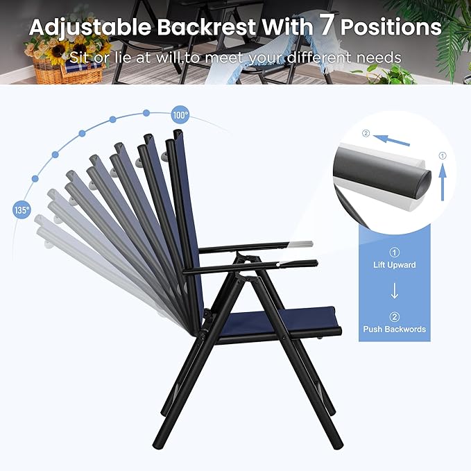 PHI VILLA Outdoor Dining Furniture Set with Umbrella, Patio Dining Set for 4 with Metal Outdoor Table and Chairs, Patio Table Set with Portable Folding Patio Chairs & Patio Umbrella, Blue