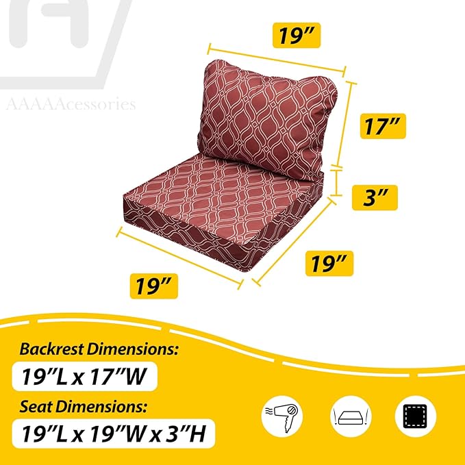 AAAAAcessories Outdoor Seat Cushions for Chairs, Fade-Resistant, Waterproof Patio Furniture Replacement Cushions, 19" x 19" x 3" + 19" x 17", Clay Red Vine Trellis