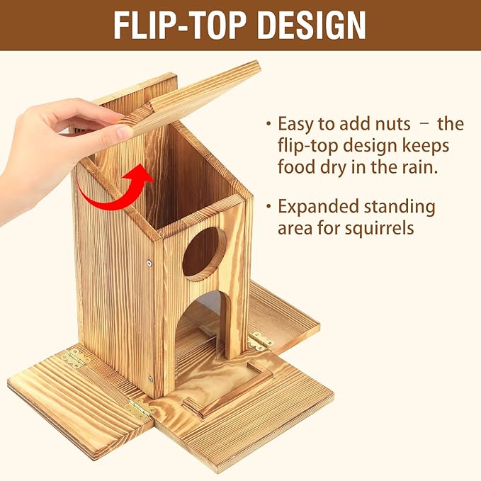 Squirrel Feeder with Standing Panel - Requires Assembly, Wooden Nut Bar Squirrel Feeders for Outside, Backyard, Wildlife, Durable Chipmunk Feeder Box for Peanut, Nuts