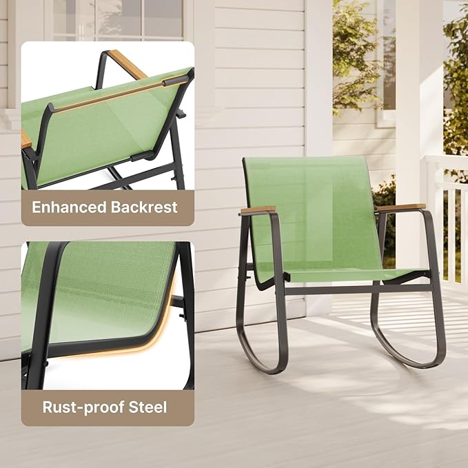 Aiho 3 Piece Patio Bistro Set, Textilene Outdoor Furniture Set with Patio Rocking Chairs with Wooden Armrests and Glass Table for for Lawn, Porch, Balcony, Poolside(Green)