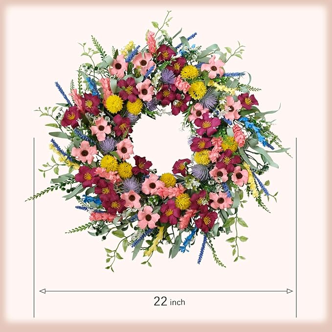 22 Inches Artificial Floral Wreath for Front Door Colorful Daisy and Green Leaves Wreath for Spring/Summer Indoor Outdoor Farmhouse Decor