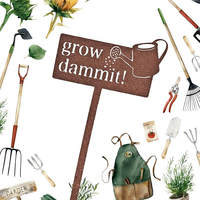 KRONLY Rustic Garden Sign Grow Dammit (17 x 8.66 inch) Rust Plug Weatherproof Garden Decor Outdoor Gardener Gifts for Women and Men