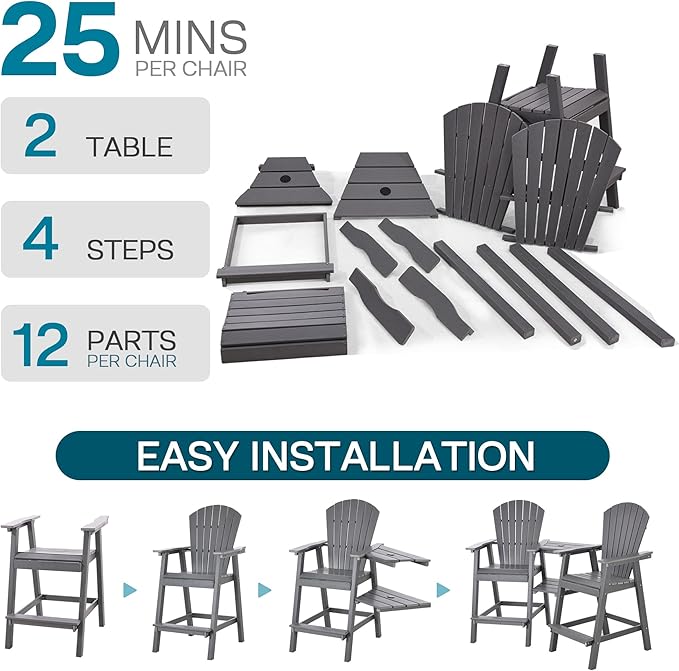 Tall Adirondack Chairs Set of 4, HDPE Balcony Chair with Double Connecting Tray, Weather Resistant Outdoor Adirondack Bar Stools for Patio, Deck, Patio, Backyard, Balcony. (Grey)