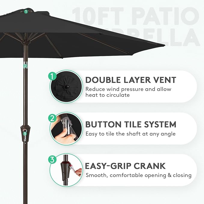 JEAREY 10FT Outdoor Patio Umbrella Outdoor Table Umbrella with Push Button Tilt and Crank, Market Umbrella 8 Sturdy Ribs UV Protection Waterproof for Pool, Garden (Black)