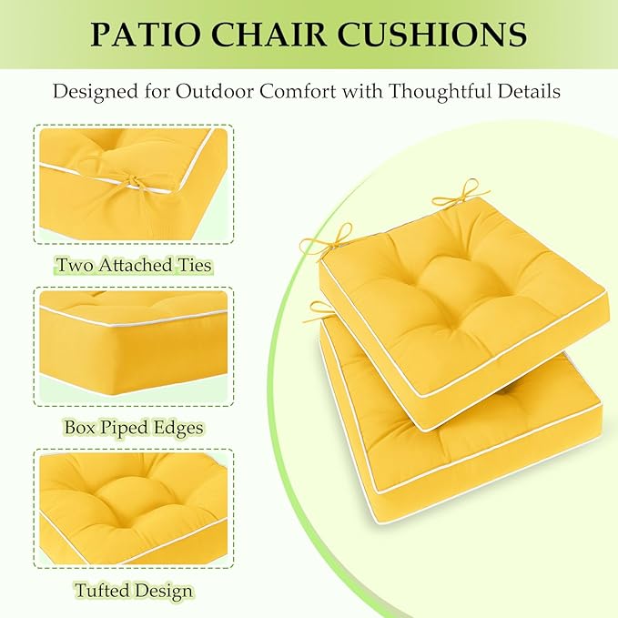 HARBOREST Outdoor Chair Cushions Set of 2, Tufted Patio Chair Cushions with Ties, Square Corner Outdoor Cushions for Patio Furniture, Lawn Chairs, Wicker Chairs, 19" x 19" x 5", Yellow