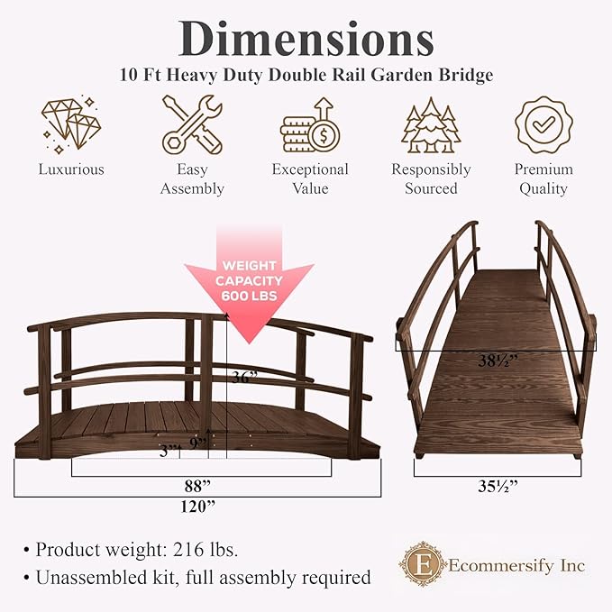 10 FT Walnut Amish Made Garden Bridge with Double Rails for Walkway, Backyard Pond & Landscaping, Outdoor Wooden Footbridge for Koi Pond, Japanese Style Decorative Bridge, Made in USA