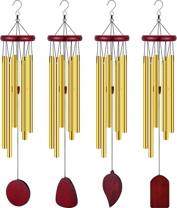 Tatuo 4 Pcs Memorial Wind Chimes 28 Inch Wooden Sympathy Wind Chimes DIY Sympathy Gift for Father's Day Loss of Loved One Bereavement with 6 Aluminum Tube for Indoor Outdoor(Gold,Simple Style)