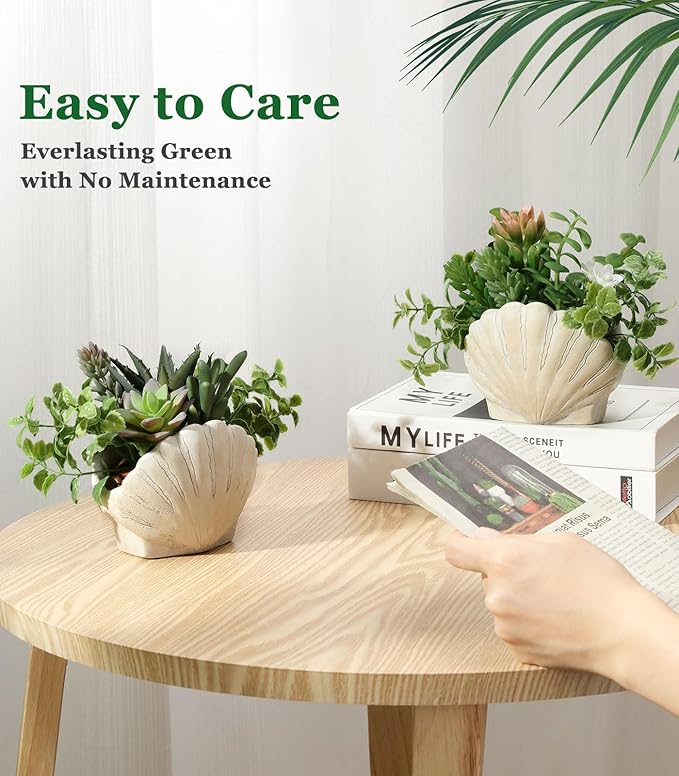 Lewondr Fake Plants Set of 2, Assorted Faux Succulents Artificial Plants with Sea Shell Pots, Artificial Greenery in Coastal Beach Decor, Ocean Seashell Series for Home Bedroom Beach Theme Party