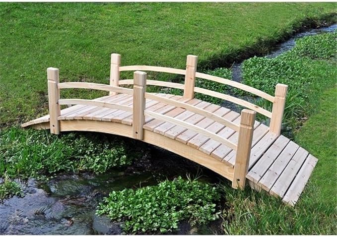Pemberly Row Cedar Wood Garden Bridge, 73 in Length, Beige Finish, Handcrafted with Handle Rails, Natural Resistance to Moisture and Decay, Decorative Landscape Accent for Outdoor Use