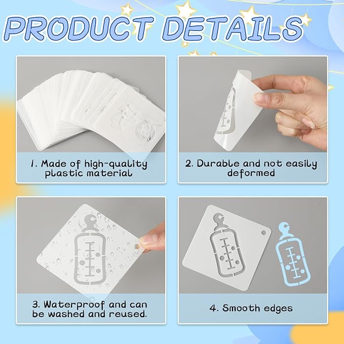 Augshy 56 Pieces Baby Shower Stencils for Painting, 3 Inch Cute Onesie Stencil Mixed Animals Pattern Painting Stencils, Reusable Baby Shower Cake for Bodysuit Shoes Bibs Clothes