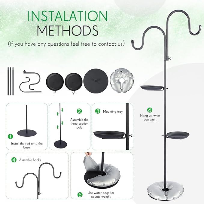 1 Set 75.9" Shepherd's Hook Stand for Hanging Plant, Bird Feeder, Waterproof Metal & Adjustable Standing Pole Holder for Indoor Outdoor, with 2 Rotatable Rack & Weight Bag (Classic 2 Hooks)