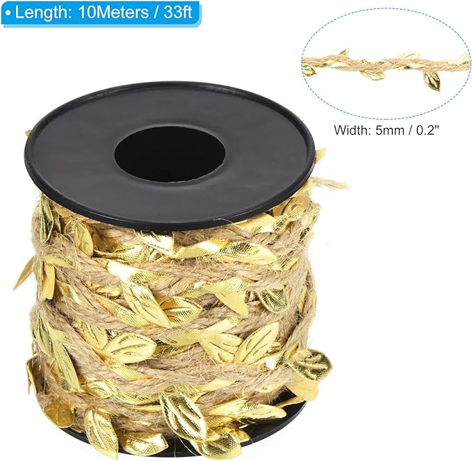 PATIKIL 33ft 5mm Burlap Leaf Ribbon, Braided Decoration Vine Natural Jute Rope Twine with Artificial Leaves for Jungle Wedding Party Home Garden Decor, Gold Tone