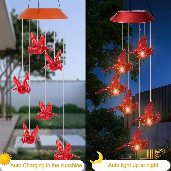 Cardinal Solar Wind Chimes for Outside, Solar Powered Red Bird Chime Light, Cardinal Gifts for Mother Mom Grandma Women Birthday, Hummingbird Decor for Patio, Deck, Yard, Garden, Home