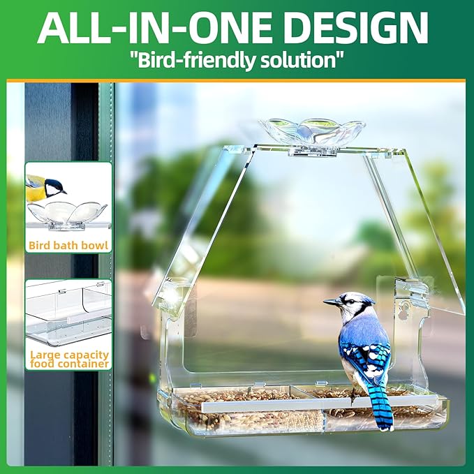 Large Window Bird Feeder with 2 Strong Suction Cups & 2 Non-Marking Adhesive Hooks, Clear View Bird Watching Gift for Bird Lovers & Cats, Bird House-Shaped Design Decor