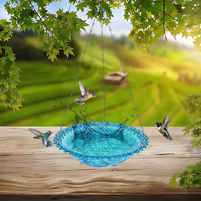 4 Pack Hanging Bird Baths Bowl Outdoor Bird Feeder 15.7 Inch Metal Chains, Weather-Resistant Hanging Bird Feeder & Bath Tray for Garden, Patio, Backyard Wildlife Decor