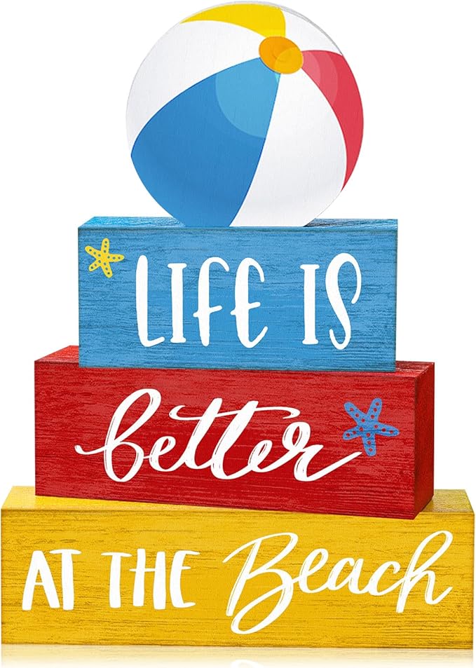 4 Pcs Summer Table Decor Rustic Beach Ball Wooden Signs Life Is Better at The Coastal Tiered Tray Decor Farmhouse Summer Centerpieces for Tabletop Home Office Desk Shelf Pool Party Decorations