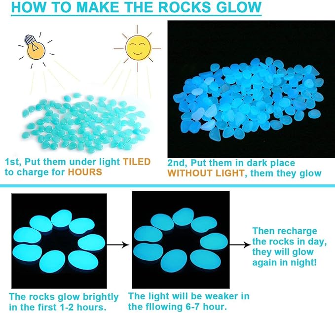 UNIME Glow in The Dark Garden Pebbles Stones Rocks for Yard and Walkways Decor, DIY Decorative Luminous Stones in Blue (200 PCS)
