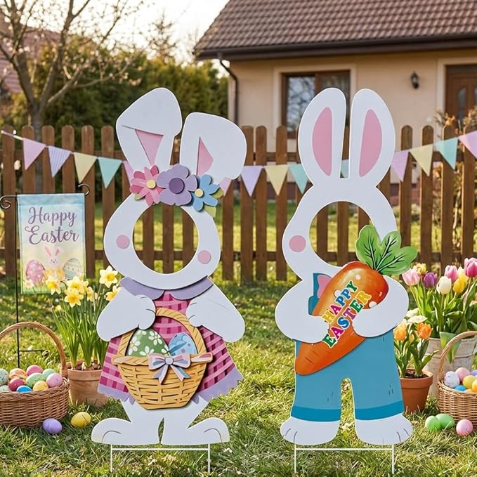 2 Pcs Happy Easter Face Yard Signs Decorations Cute Bunny Egg Yard Sign with Stake Photo Props for Spring Easter Egg Hunt Party Supplies Patio Lawn Garden Outdoor Decor