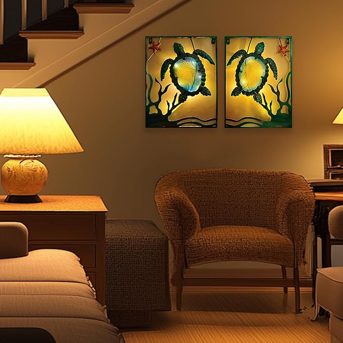 LIFFY Metal Sea Turtle Beach Themed Bathroom Wall Art Decor with Frame-Outdoor Wall Art with LED Fairy Lights, Fish Glass Art Wall Sculpture for Patio,Beach,Garden,Yard,Pool,home gift(2pcs, Blue)