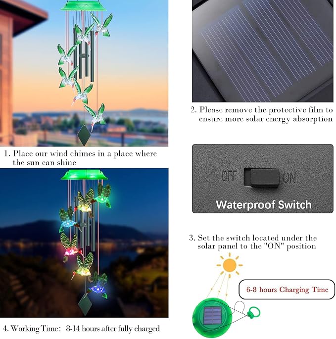 Solar Wind Chimes for Outside - 37" WANQDG 6 LED Hummingbird Color Changing Wind Chime with 4 Green Metal Tube, Music Wind Chimes Great as a Gift for Women mom Grandma Best Friends' Birthday Gift