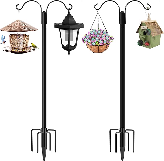 XDW-GIFTS Shepherds Hooks for Outdoor, 2-Pack 108 Inch Heavy Duty Bird Feeder Pole, Garden Pole for Hanging Plants, Lantern, Hummingbird Feeder, Hanging Plant Stand with 5 Base Prongs