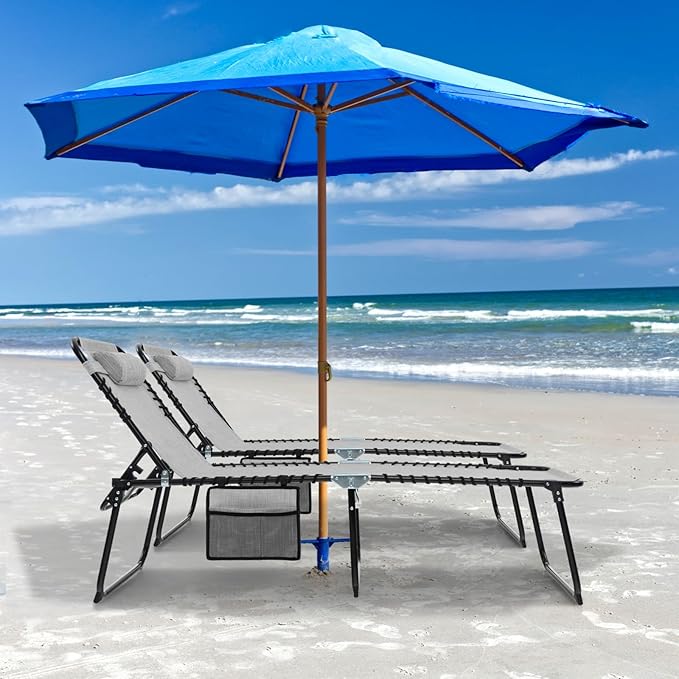 GYMAX Lounge Chairs for Outside, Extra High Folding Beach Tanning Lounger with Adjustable Backrest, Footrest & Removable Pillow, Sunbathing Lounge for Patio, Poolside (1, Grey with Pocket)
