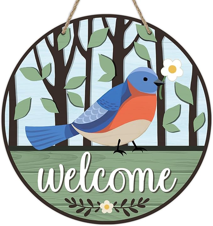 Deroro Welcome Spring Summer Bluebird Front Door Sign, Blue Jay Tree Wood Door Hanger Outdoor Outside Porch Decor, Farmhouse Rustic Wooden Wreath Indoor Wall Hanging Decoration