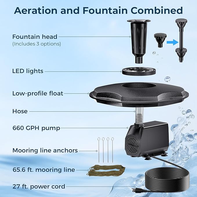 POPOSOAP Floating Pond Fountain with RGB LED Lights, 660GPH Pond Pump 30Ft Cable Length with 3 Modes Sprinkler & 65.6Ft Mooring Line, Floating Fountain for Outdoor Pond