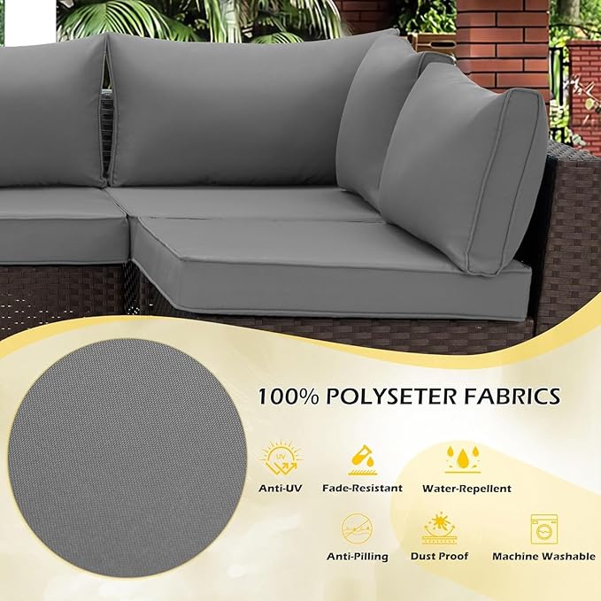 HOMREST Outdoor Replacement Cushions for Patio Furniture,Water-Repellent Sofa Cushion for 6-Seat Rattan Wicker Sectional Patio Conversation Sets,14-Piece Cushions Set for Outdoor Couch-Gray