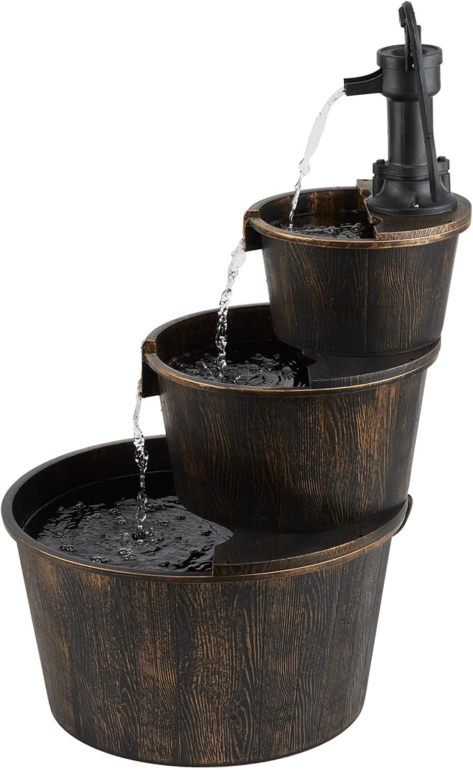 Alpine Corporation 40" Tall Outdoor Floor Tiered Rustic Pump and Barrel Water Fountain, Old-Fashioned Waterfall for Garden, Patio, Yard Decor, Dark Brown