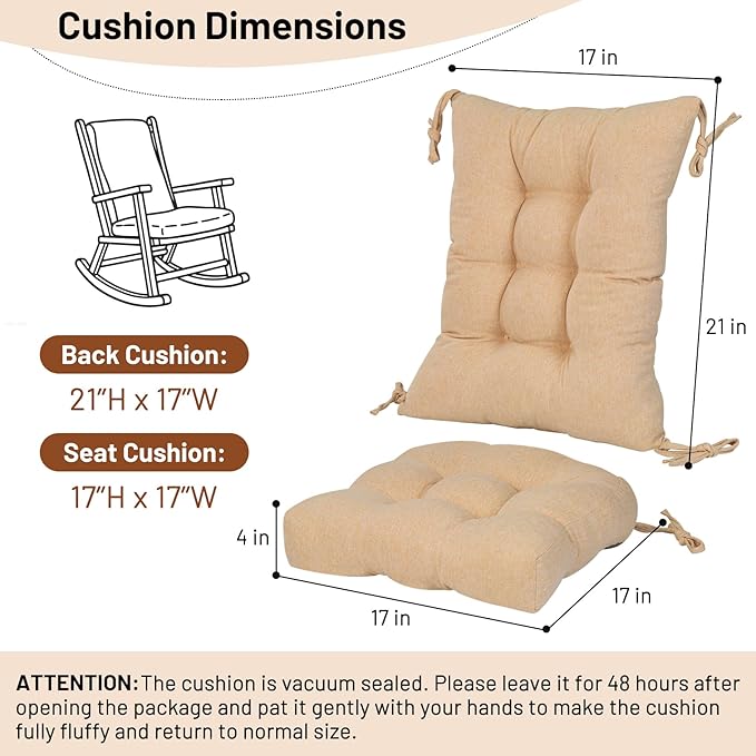 Lokex Rocking Chair Cushion 4 Inch Extra Thick, Cushions for Rocking Chairs Set of Seat and Back with Ties, Linen Fabric Indoor Outdoor Rocker, 17x21 & 17x17 Inches (Khaki)