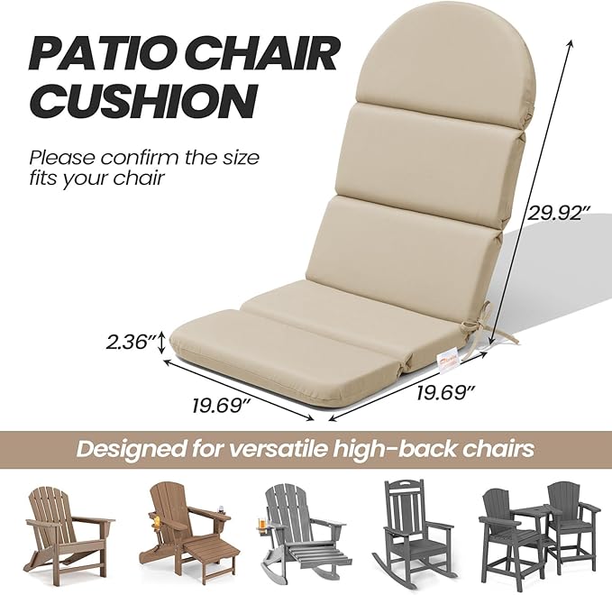 Crestlive Sunbrella Adirondack Chair Cushion Set of 2, 50 x 19.6 inch, Water Repellent, Fade Resistant, High Back Outdoor Chair Cushion for Patio, Canvas Antique Beige