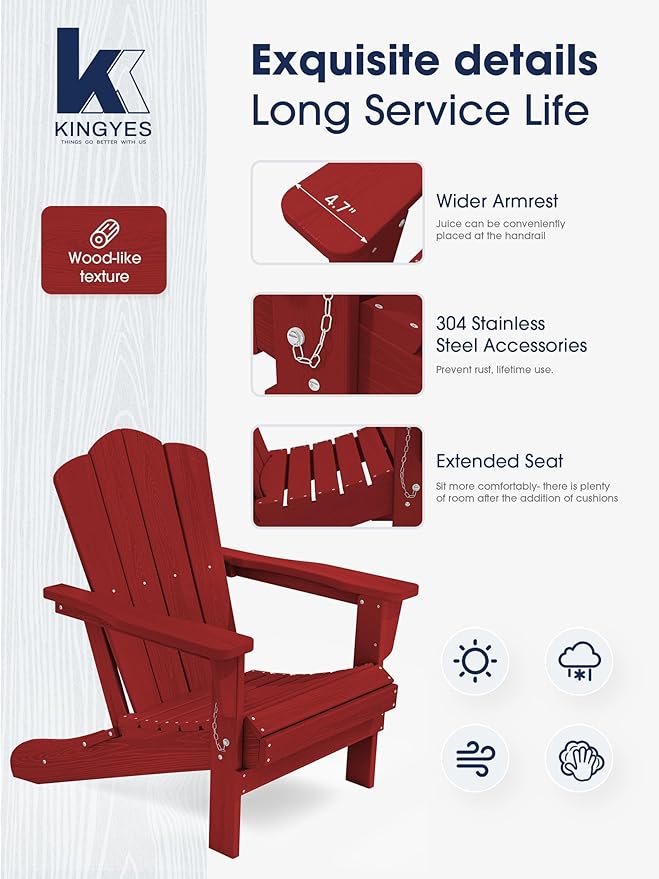 KINGYES Folding Adirondack Chair, HDPE All-Weather Patio Chairs, Wooden Textured Lawn Chair for Poolside, Backyard, Deck, Fire Pit, Red