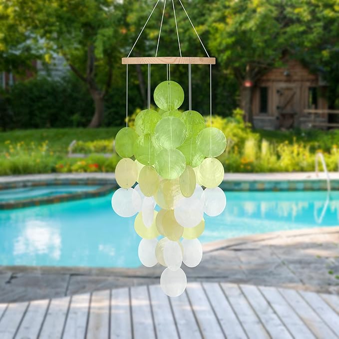 Wind Chimes for Outside, Handcrafted Green Gradient Capiz Shells Windchime Coastal Style Decor for Indoor/Outdoors, Garden Decors, Great Gift for Women, Beach Hanging Decor, Wind Chimes Lovers