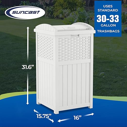 Suncast Wicker Plastic Outdoor Hideaway 33 Gallon Trash Can Bin with Latching Lid for Backyard, Deck, or Patio Use, White (2 Pack)
