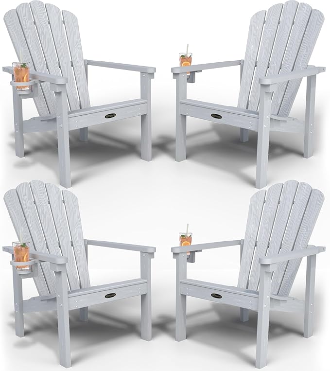 Stackable Adirondack Chair Set of 4, HDPE All-Weather Adirondack Chairs - Durable and Space Saving, Plastic Outdoor Fire Pit Chairs with Cup Holder,White